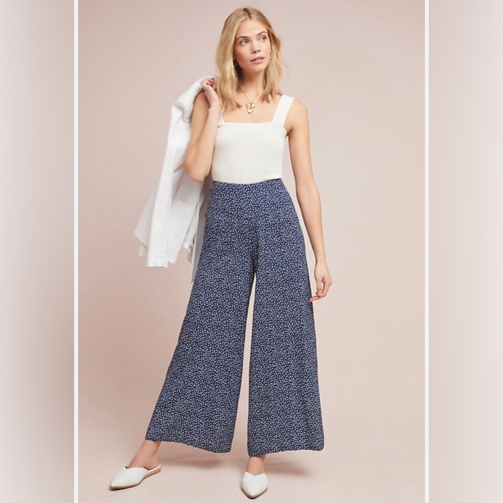 Adrianna Papell Women Blue speckled crepe‎ carreer wide leg pants trouser Size M